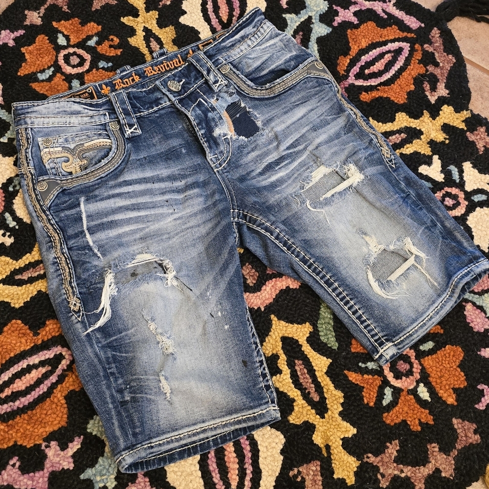 🔥🔥Rock Revival Men's Blue Distressed Denim Shorts🔥🔥Size 32